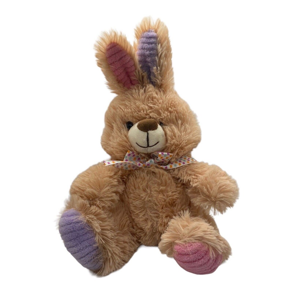 Tan BUNNY RABBIT Plush Pink And Purple Ears And Feet Stuffed Animal Easter Gift